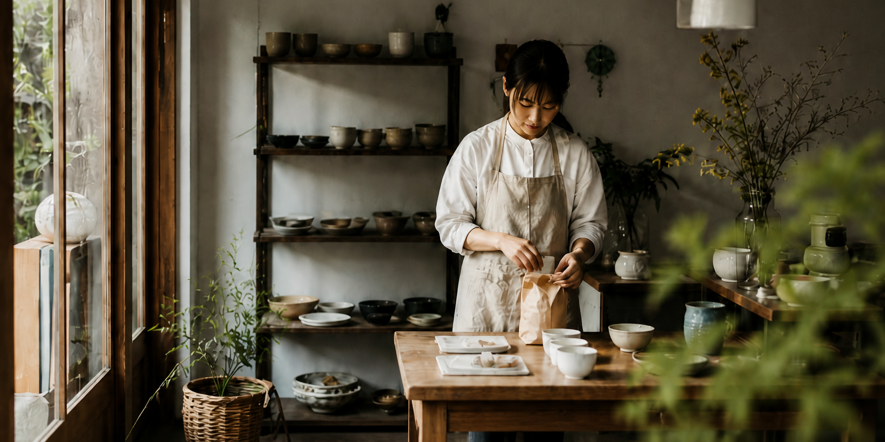 器と植物の並ぶ静かな店内で、店主が商品を包んでいるコンセプト写真
